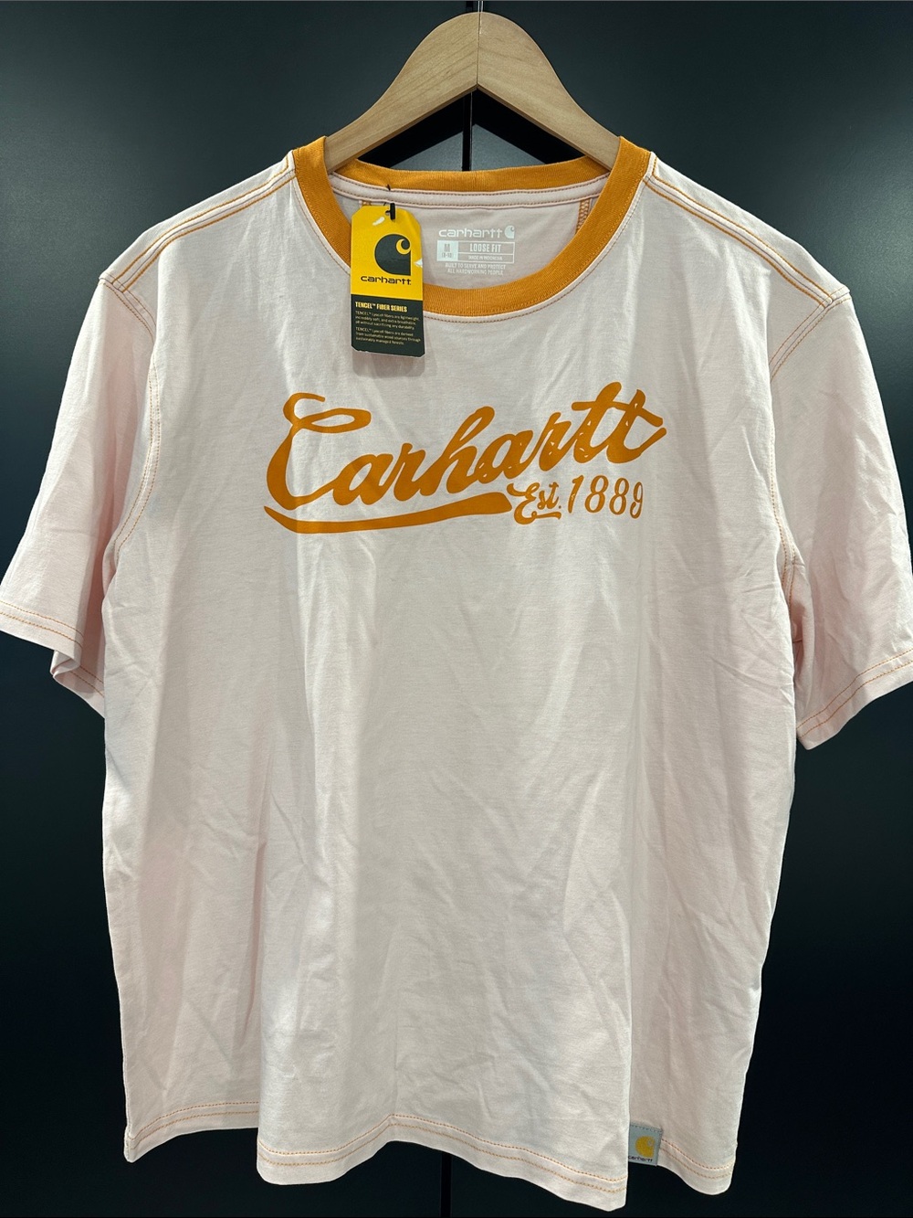 NEW Carhartt Loose Fit Pink Short-Sleeve Ringer Tee with Orange Logo